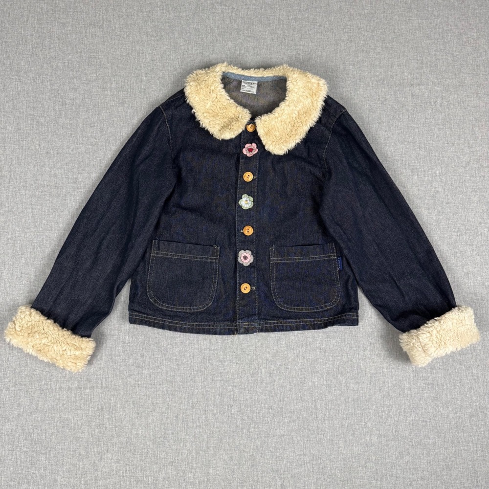 Baby Guess Vintage Girls Denim Jacket Blue Faux Fur Trim Flower Buttons Size 6X